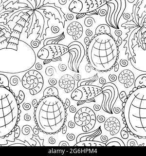 Vector Seamless pattern in hand draw style. Liner illustration. Pattern, background on the marine theme. Palm trees, fish, turtles Stock Vector