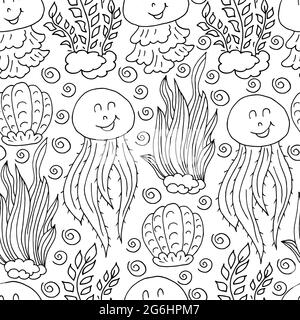 Vector Seamless pattern in hand draw style. Liner illustration. Pattern, background on the marine theme. Algae, jellyfish, shells Stock Vector