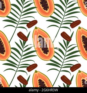 Bright summer seamless pattern with papaya fruits, dates and palm leaves Stock Vector
