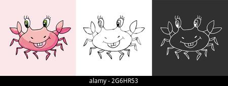 Icon set. Crab. Marine theme icon in hand draw style. Cute childish illustration of sea life. Icon, badge, sticker, print for clothes Stock Vector