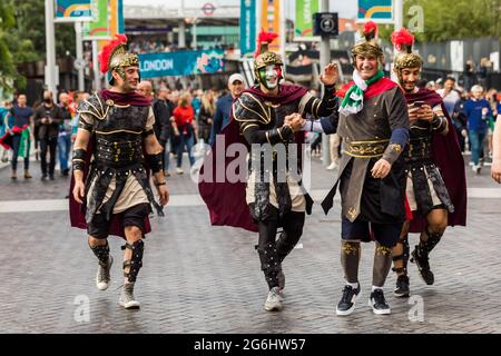 Wembley Stadium, Wembley Park, UK. 6th July 2021.   Italy fans arriving for the first Euro 2020 semi-final at Wembley Stadium this evening.  60,000 supporters will be allowed into Wembley for both the semi-finals and final.  Amanda Rose/Alamy Live News Stock Photo