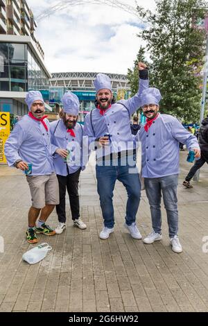 Wembley Stadium, Wembley Park, UK. 6th July 2021.   Italy fans arriving for the first Euro 2020 semi-final at Wembley Stadium this evening.  60,000 supporters will be allowed into Wembley for both the semi-finals and final.  Amanda Rose/Alamy Live News Stock Photo