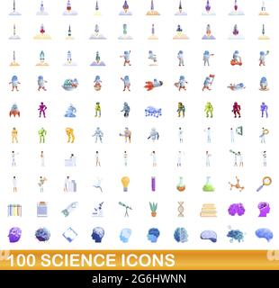 100 science icons set. Cartoon illustration of 100 science icons vector set isolated on white background Stock Vector