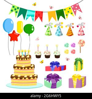 Vector illustration birthday party colorful accessories and decoration, sweet treats, cakes, balloons, candies, gifts in flat cartoon style. Stock Vector