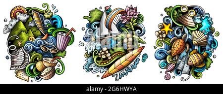 Mauritus cartoon vector doodle designs set. Colorful detailed compositions with lot of Exotic island objects and symbols. Isolated on white illustrati Stock Vector