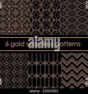 Vector illustration set of luxury beautiful gold patterns pack. Light beige color geometric patterns on black background. Stock Vector