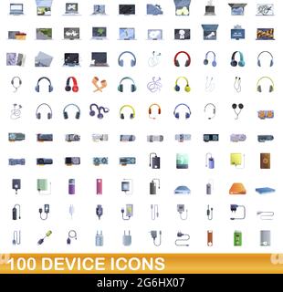 100 device icons set. Cartoon illustration of 100 device icons vector set isolated on white background Stock Vector
