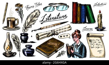 Literature set. Ink and pen, typewriter, coffee and lamp, stack of books and teacher, School essay, Written work. Vintage retro signs. Doodle style Stock Vector