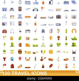 100 travel icons set. Cartoon illustration of 100 travel icons vector set isolated on white background Stock Vector