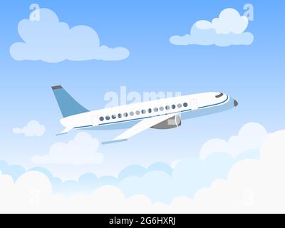 Vector illustration of plane in the sky over the clouds. Flat design style concept of airplane flying through clouds in the blue sky. Stock Vector