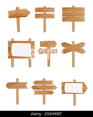 Vector illustration set of different wooden street signs, pointers collection on white background in flat style. Stock Vector