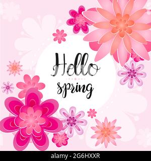 Vector illustration of beautiful greeting card Hello Spring letter decorating with leaf and flower in pink colors. Stock Vector