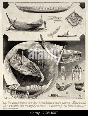 Prehistoric boats. 1-6 Ship of Nydam Moss in Schleswig, Germany. 7- 13 Reconstruction of ship Gokstd. Old 19th century engraved illustration from La Nature 1893 Stock Photo