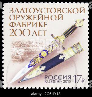 MOSCOW, RUSSIA - MAY 11, 2020: Postage stamp printed in Russia shows 200 Years of Zlatoust Weapon Factory, circa 2015 Stock Photo