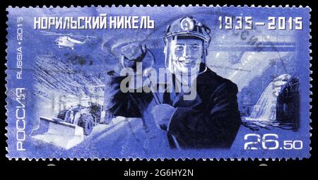 MOSCOW, RUSSIA - MAY 11, 2020: Postage stamp printed in Russia shows Mining and Metallurgical Company 'Norilsk Nickel', serie, circa 2015 Stock Photo
