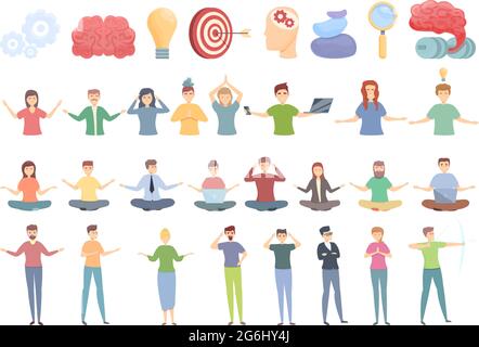 Concentration icons set cartoon vector. Yoga meditate. Mind relax Stock Vector