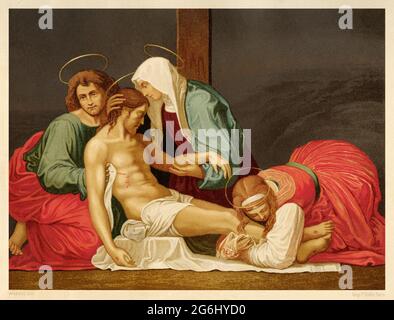 Jesus Christ lies dead between the Virgin Mary, Saint John and Mary Magdalene. Painting of Fra Bartolomeo (Baccio della Porta) 15th century. Old 19th century Color lithography illustration from Jesus Christ by Veuillot 1881 Stock Photo