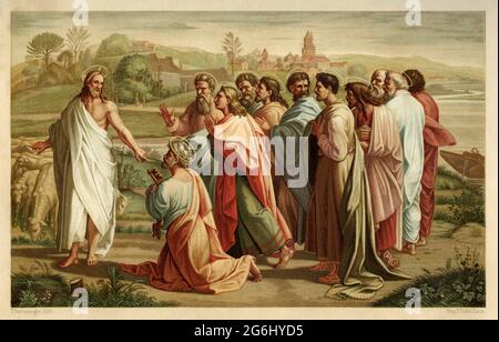 Saint Peter declares that Jesus is the Messiah. Jesus is giving the keys of kingdom of heave to saint Peter, Matthew 16. New Testament. Old 19th century Color lithography illustration from Jesus Christ by Veuillot 1881 Stock Photo