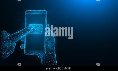 Message concept. Polygonal vector illustrations of a hand holding a phone and pressing an email with the index finger. Stock Vector