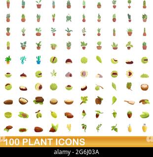 100 plant icons set. Cartoon illustration of 100 plant icons vector set isolated on white background Stock Vector