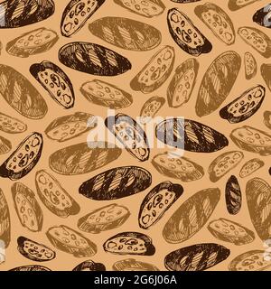 Vector brown scattered doodle slice frence loaf bread repeat pattern. Perfect for fabric, bakery menu and wrapping paper projects. Stock Vector