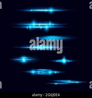 Vector illustration of realistic lens flare elements collection. Light effect, flashes of light on dark blue background. Stock Vector