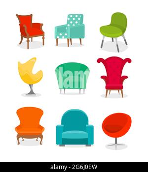 Vector Illustrations set of beautiful different colorful armchairs on white background in flat cartoon style. Stock Vector