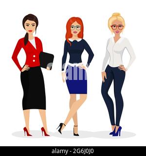 Vector illustration of beautiful successful businesswoman. Office girls workers in flat cartoon style. Stock Vector