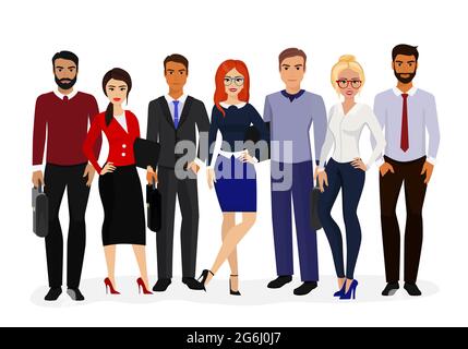 Vector illustration of cool vector set of business characters. International business team, beautiful business women and handsome businessman, group Stock Vector