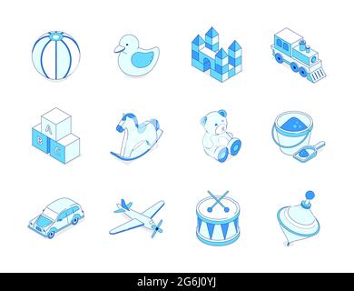 Toys and leisure games for children - modern isometric icons set. Activities for kids concept. Colorful objects, ball, abc block, castle, teddy bear, Stock Vector