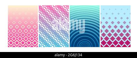 Vector illustration set of covers design. Colorful halftone gradients, background geometric patterns in flat style. Stock Vector