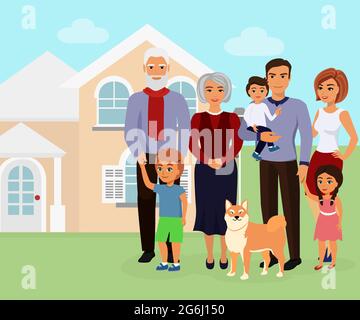 Vector illustration of big happy caucasian family with many children, mother, father with grandmother and grandfather, dog. Kids with parents near the Stock Vector