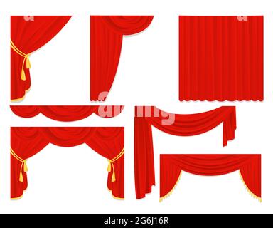 Vector illustration set of red silk curtains, velvet draperies, interior decoration design isolated on white color in flat design. Stock Vector