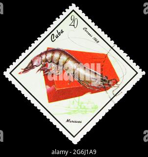 MOSCOW, RUSSIA - MARCH 21, 2020: Postage stamp printed in Cuba shows Prawn (Penaeus sp.), Canned Food, Food Industry serie, circa 1968 Stock Photo