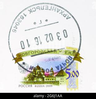 MOSCOW, RUSSIA - MARCH 4, 2020: Postage stamp printed in Russia with stamp of Arkhangelsk shows Novgorod Kremlin, serie, circa 2009 Stock Photo