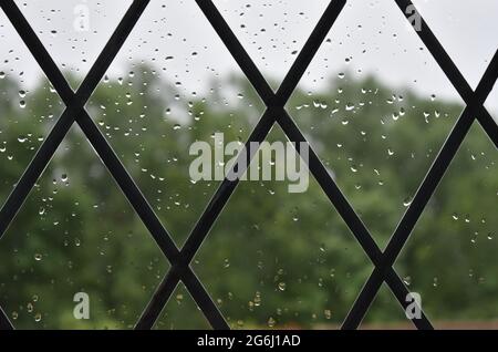 Raindrops on a leaded window pane. Stock Photo