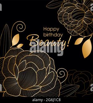 Vector illustration of beautiful golden line flowers on black background of greeting card. Abstract floral design with golden texture. Stock Vector