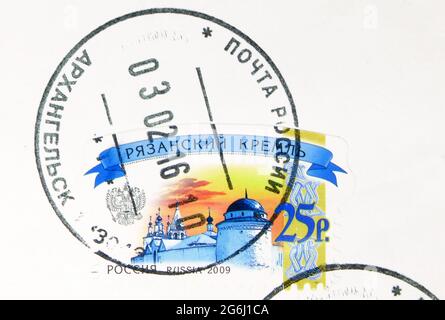 MOSCOW, RUSSIA - MARCH 4, 2020: Postage stamp printed in Russia with stamp of Arkhangelsk shows Ryazan Kremlin, serie, circa 2009 Stock Photo
