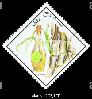 MOSCOW, RUSSIA - MARCH 21, 2020: Postage stamp printed in Cuba shows Rum, Sugar cane, Food Industry serie, circa 1968 Stock Photo