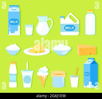 Vector illustration set of milk products in flat cartoon style. Collection milk, butter, cheese, yogurt, cottage cheese, sour cream, ice cream, cream Stock Vector