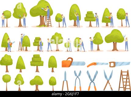 Tree trimming icons set cartoon vector. Tree chainsaw. Tree trimming work Stock Vector