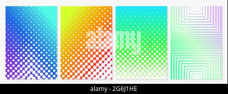 Vector illustration set of minimal style covers design. Bright colors halftone gradients with white spots, circles and lines. Stock Vector