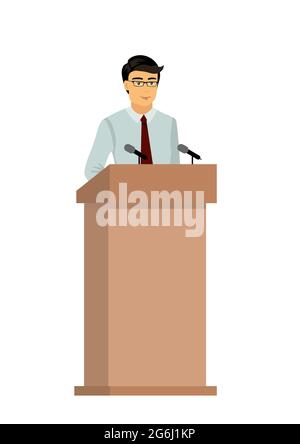 Vector Illustration of businessman orator speaking from tribune, man is giving an interview on public, speaker character in flat style. Stock Vector