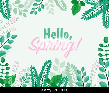 Vector illustration of greeting card. Hello Spring concept. Lettering spring season with leafs for invitation template. Retro, vintage lettering Stock Vector