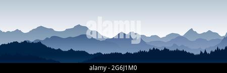 Vector illustration of beautiful panoramic view. Mountains in fog with forest, morning mountain background, landscape. Stock Vector