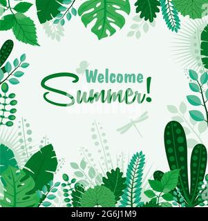 Vector illustration of summer greeting card or poster Welcome Summer leaf banner. Lettering summer season for greeting card, invitation template. Stock Vector