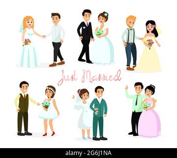 Vector illustration set of happy characters bride and groom isolated on white background in cartoon flat style. Wegging couples, element for wedding Stock Vector