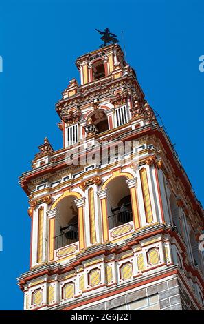 Spain, Extremadura, Badajoz province, Burguillos del Cerro. Parish church of Santa María de la Encina and Saint John the Baptist. Built in the 18th century to unify the two previous parishes. Architectural detail of the upper part of the Baroque tower. Stock Photo