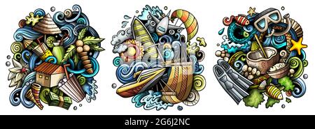 Maldives cartoon vector doodle designs set. Colorful detailed compositions with lot of Exotic island objects and symbols. Isolated on white illustrati Stock Vector