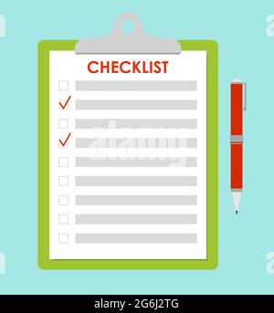 Vector illustration of green clipboard with red check marks and pen. To-do list, survey, exam concept, checklist in flat cartoon style. Stock Vector